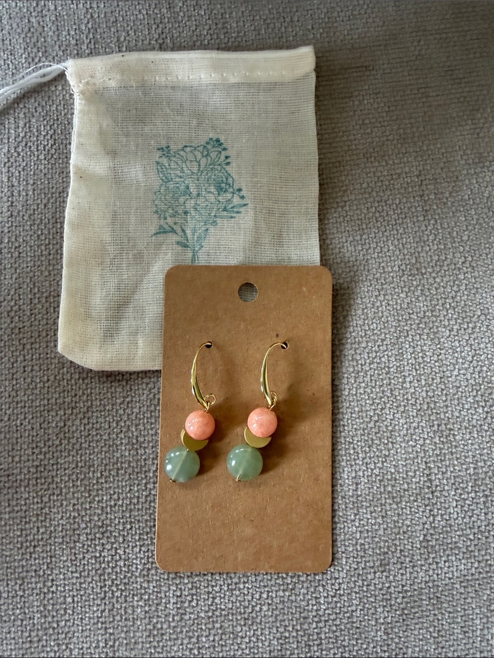 Peach & Green Jade Gemstone w/ Half Moon: Anthro Inspired Handmade earrings: NWT